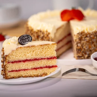 Tradicional pan esponjoso de vainilla acompañado de mermelada de fresas y decorado con una suave crema de queso y nuez alrededor. Un festín de fresas y suavidad, la receta clásica para tus mejores reuniones familiares en Chihuahua.