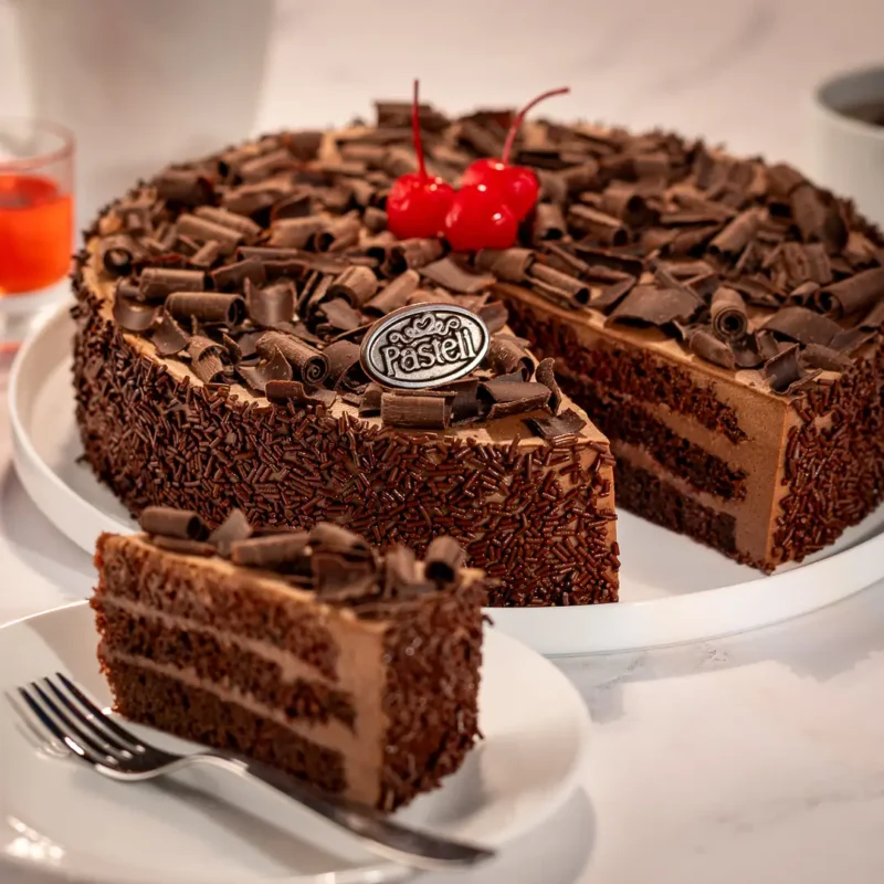Pan Genoise de chocolate esponjoso, bañado en jarabe con licor de cerezas, cubierto con remolinos de chocolate semiamargo y granillo Turín. Un fascinante juego de texturas y sabores. Nuestro pastel Selva Negra es un clásico infalible para tus cumpleaños y eventos en Chihuahua.