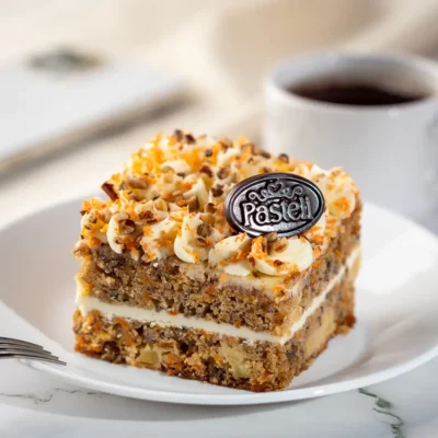 Esponjoso bizcocho de Zanahoria decorado con una Crema de queso estilo Pasteli y trozos de zanahoria caramelizada, con nueces alrededor. El tradicional pastel de zanahoria con el toque Pasteli. Repostería artesanal de alta calidad para tus fiestas en Chihuahua.
