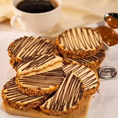 Delicadas galletas de mantequilla unidas por cajeta artesanal, decoradas con nueces y rayos de chocolate. La Galleta Alfajor favorita de Chihuahua, ideal para mesas de postres, regalos o darte un gusto rápido.