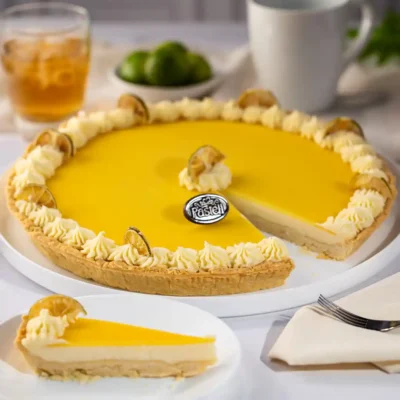 Pay de limón hecho con una suave crema y cubierta cítrica de ganash de limón en una base de masa quebrada. Refrescante deleite para el paladar y excelente opción de postre grande para compartir en Chihuahua. Pide tu repostería artesanal en línea.