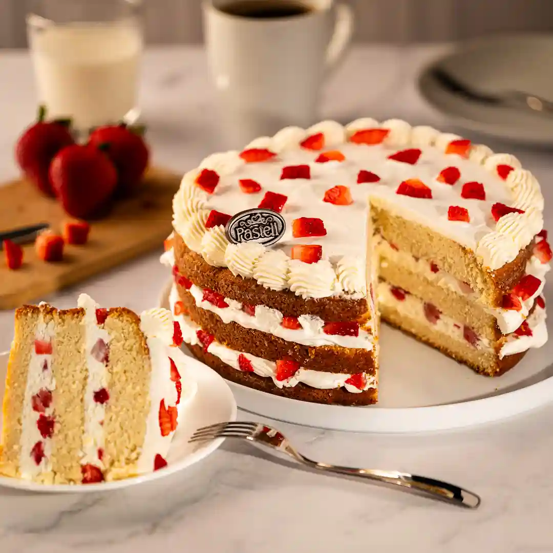 Tierno bizcocho relleno en suaves capas de Crema Chantilly hecha en casa y fresas frescas, coronado con crema de queso y más fresas naturales. Un deleite dulce y tentador, el clásico pastel de fresas con crema en Chihuahua que a todos encanta.